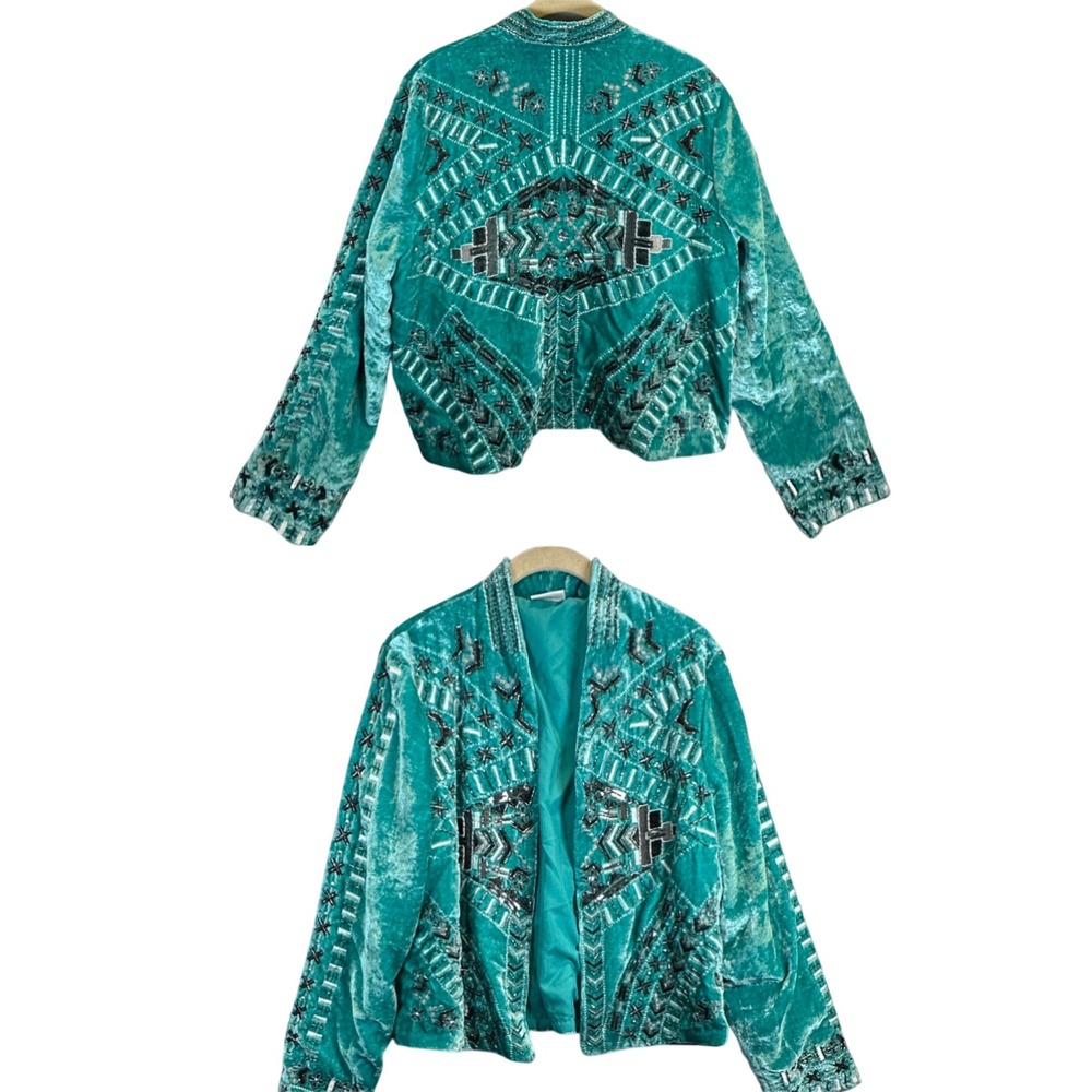 Crazy Train Teal Velvet Bead Western Jacket Large Boho Southwestern Embellished